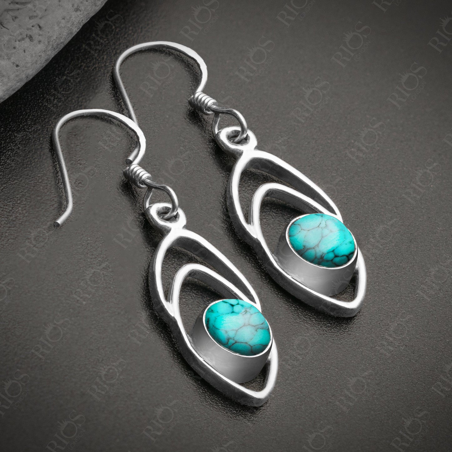 925 Sterling Silver Turquoise Earrings for Women Drop Dangle Fishbone Gift Boxed - Rios London
