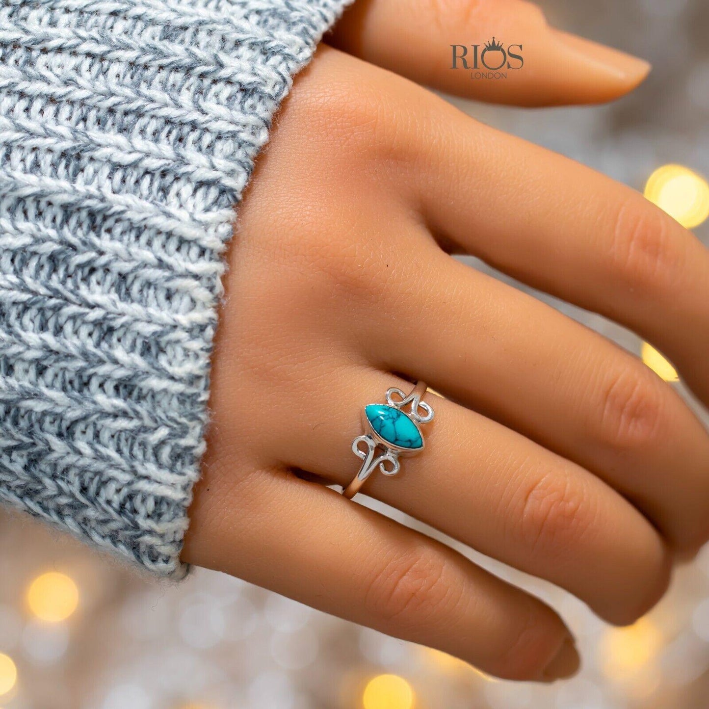 925 Sterling Silver Turquoise Marquise Oval Gemstone Women Boho Ring Gift Boxed