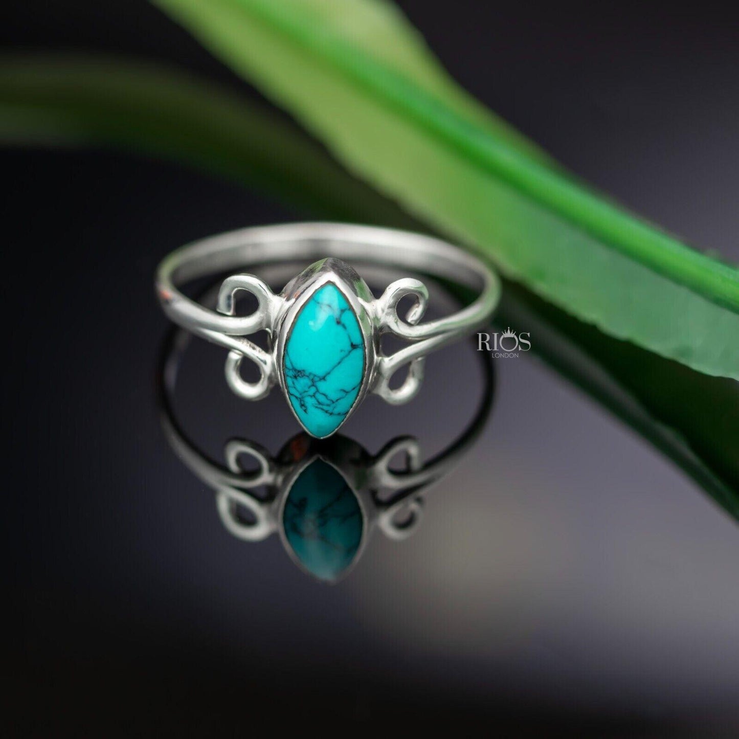 925 Sterling Silver Turquoise Marquise Oval Gemstone Women Boho Ring Gift Boxed