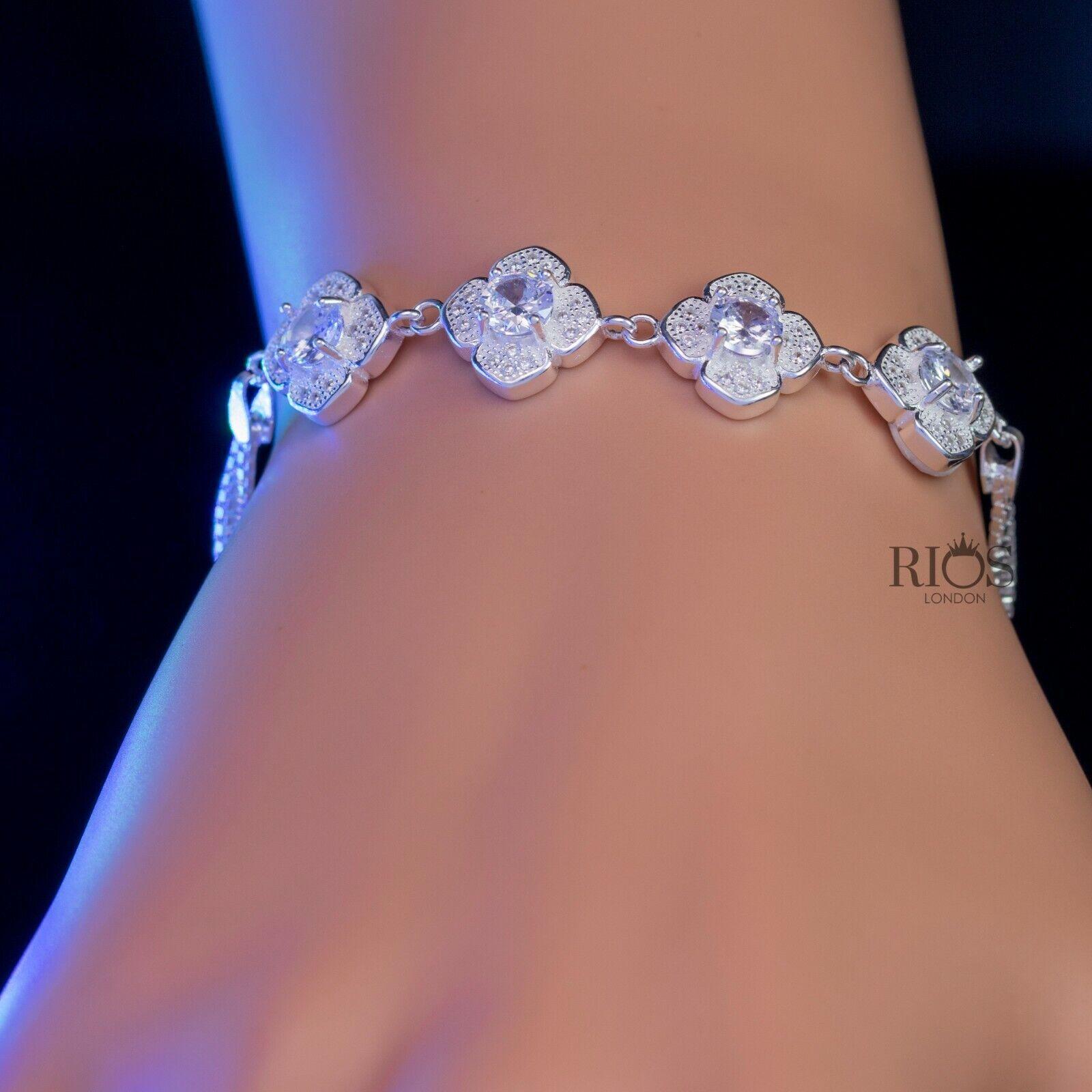 925 Sterling Silver Zircon White Lab-Created Birthstone Bracelet Gift Boxed - Rios London