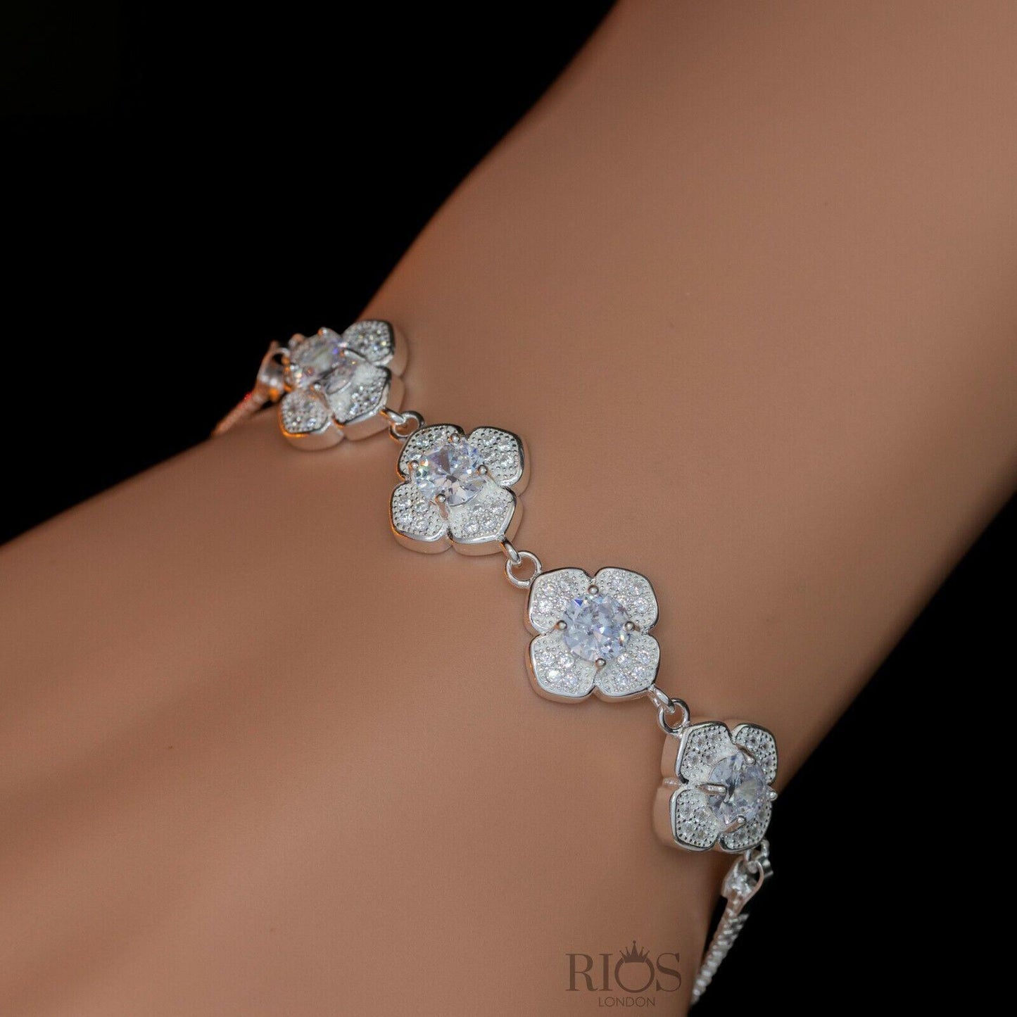 925 Sterling Silver Zircon White Lab-Created Birthstone Bracelet Gift Boxed - Rios London
