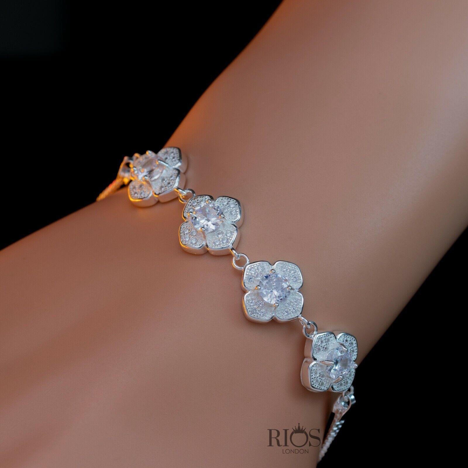 925 Sterling Silver Zircon White Lab-Created Birthstone Bracelet Gift Boxed - Rios London