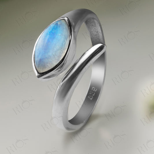 925 Sterling Silver Natural Moonstone Gemstone Snake Adjustable Ring Gift in Box