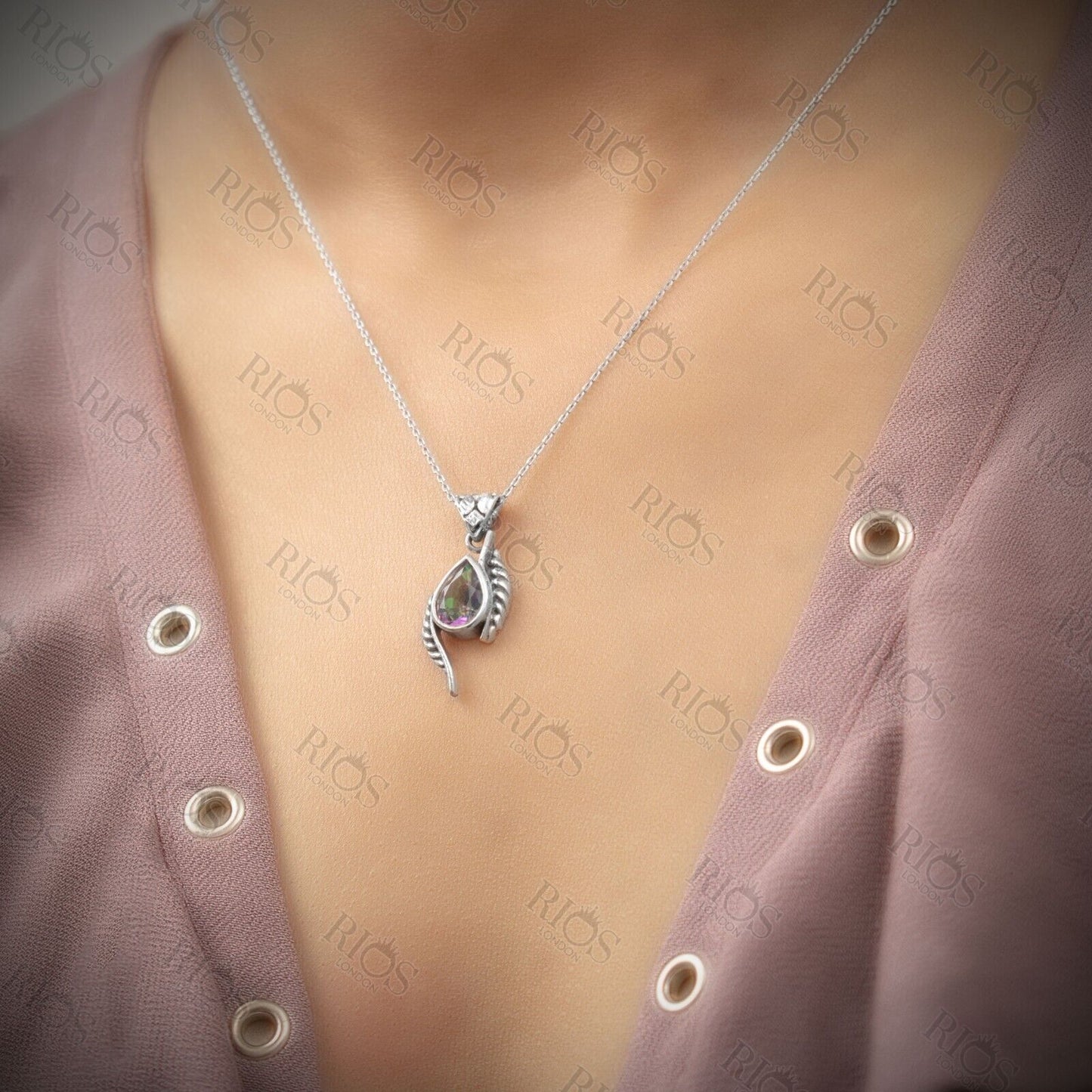 Handmade 925 Sterling Silver Mystic Fire Topaz Leaf Necklace For Women Boxed