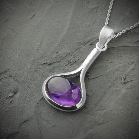 925 Sterling Silver Amethyst Necklace - Oval Purple Gemstone Pendant Gift Boxed