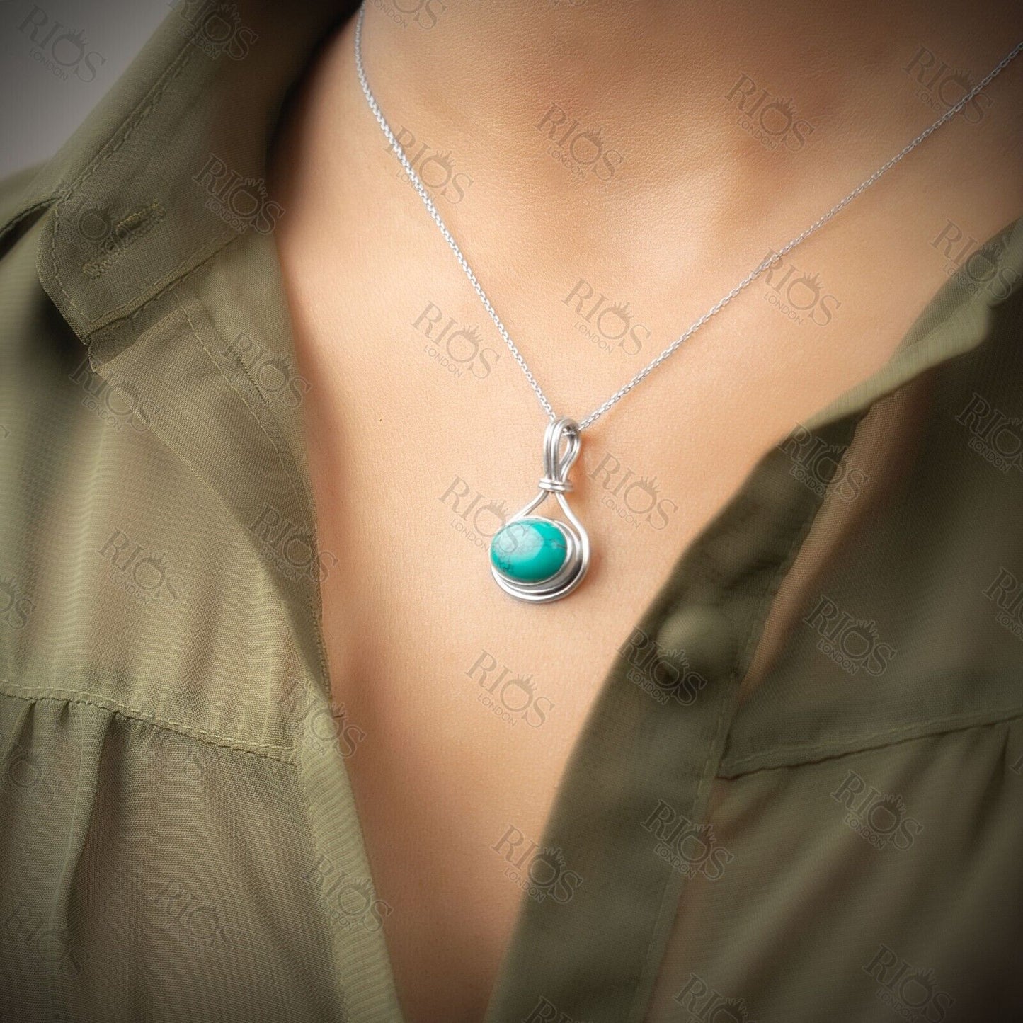 Handmade 925 Sterling Silver Turquoise Necklace with Oval Pendant - Gift Boxed