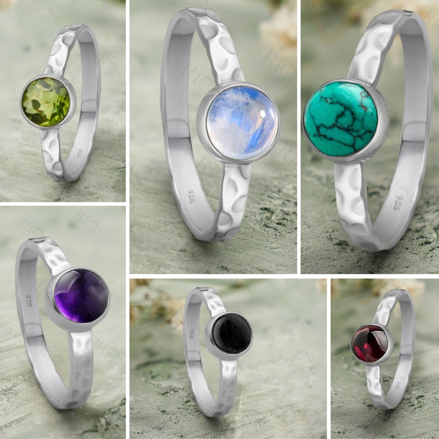 Hammered 925 Sterling Silver Natural Moonstone | Amethyst | Turquoise | Red Garnet | Black Onyx | Green Peridot Gemstone Ring Gift Boxed