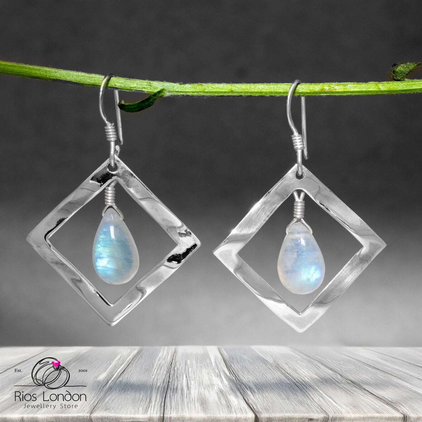 925 Sterling Silver Moonstone Square Frame Teardrop Dangle Earrings โ Gift Boxed