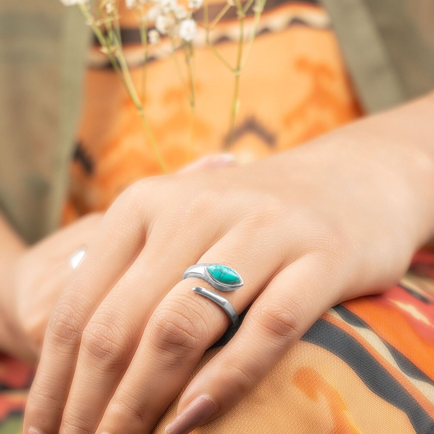 Stunning 925 Sterling Silver Turquoise Gemstone Snake Adjustable Ring Gift Boxed