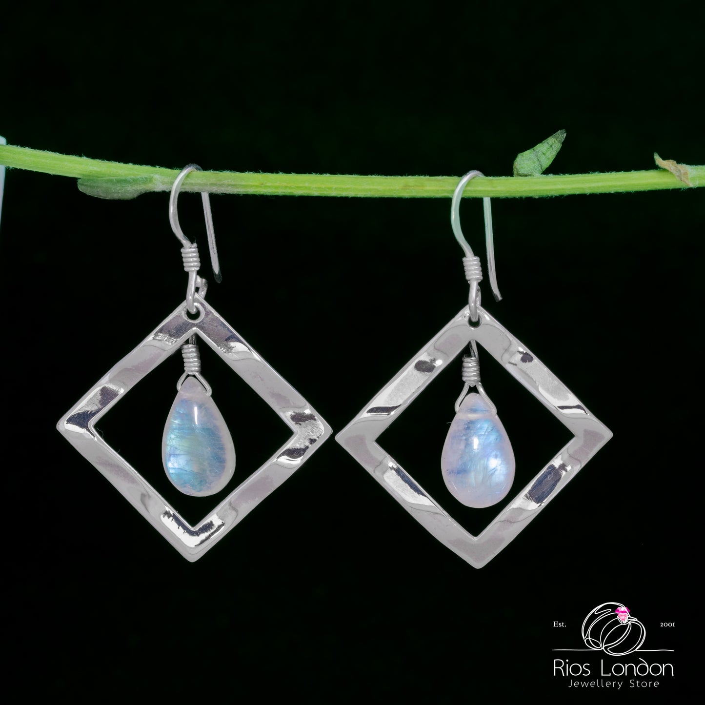 925 Sterling Silver Moonstone Square Frame Teardrop Dangle Earrings โ Gift Boxed