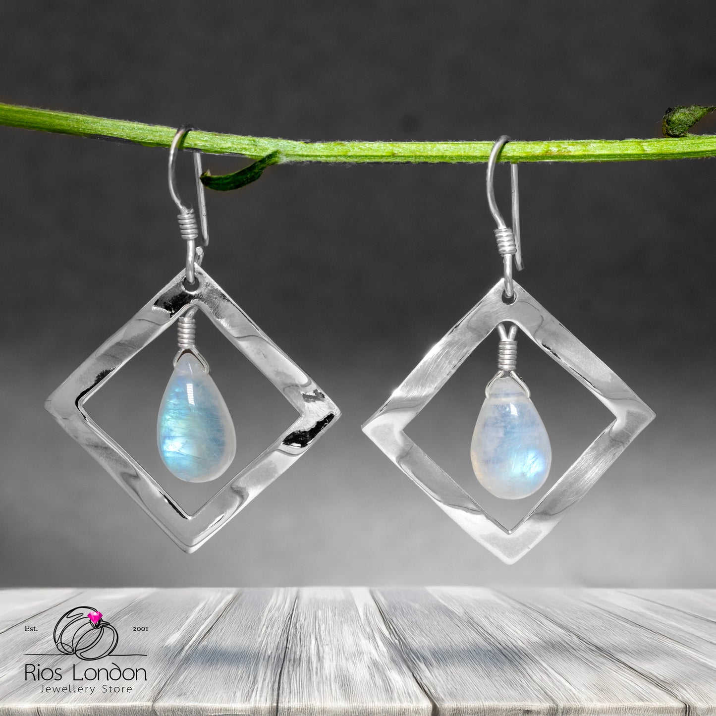 925 Sterling Silver Moonstone Square Frame Teardrop Dangle Earrings โ Gift Boxed