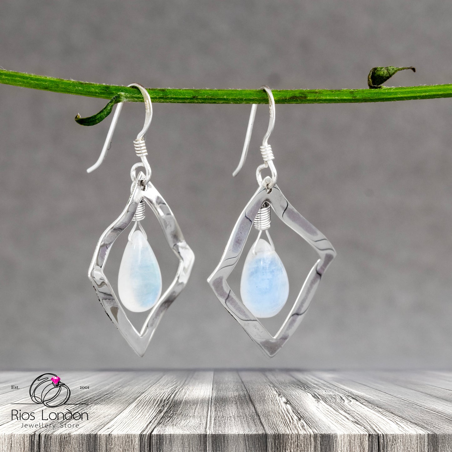 925 Sterling Silver Moonstone Square Frame Teardrop Dangle Earrings โ Gift Boxed