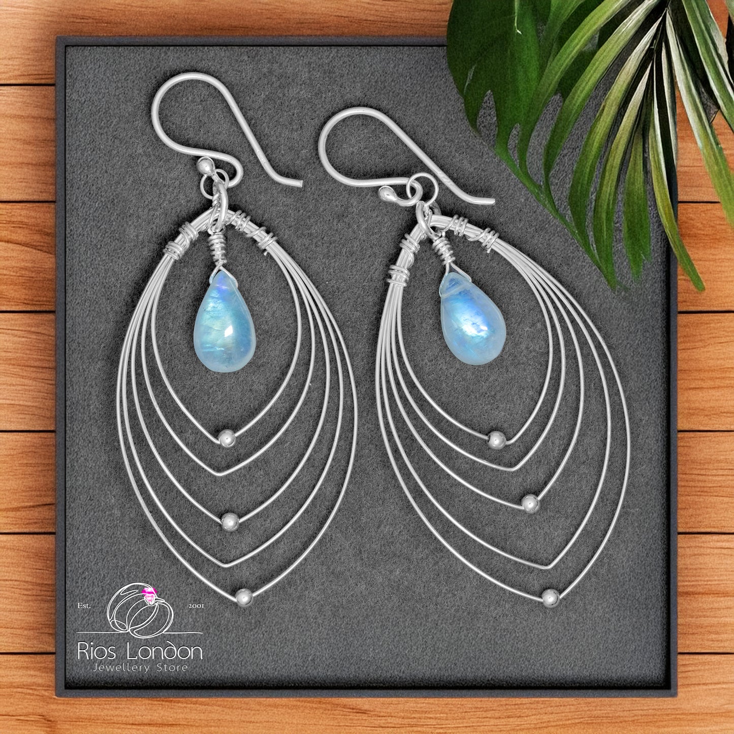 925 Sterling Silver Moonstone Marquise Orbiting Planets Hoop Earrings, Boxed