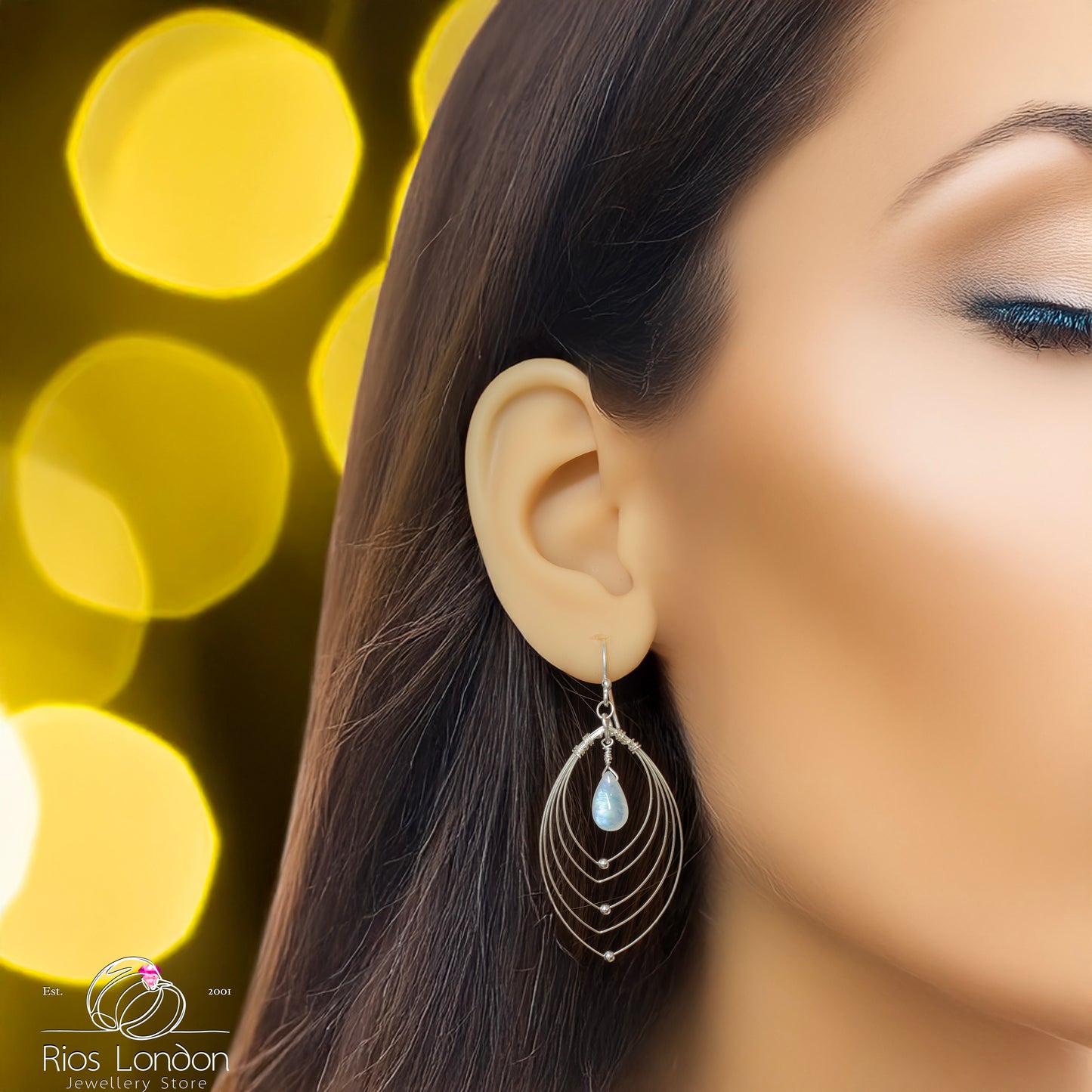 925 Sterling Silver Moonstone Marquise Orbiting Planets Hoop Earrings, Boxed