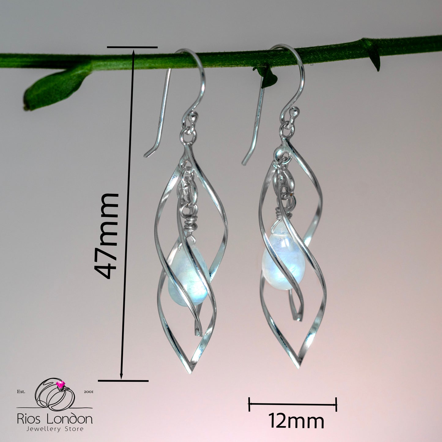 Sterling Silver Natural Moonstone Dangle Twisted Spiral Cage Earrings Boxed