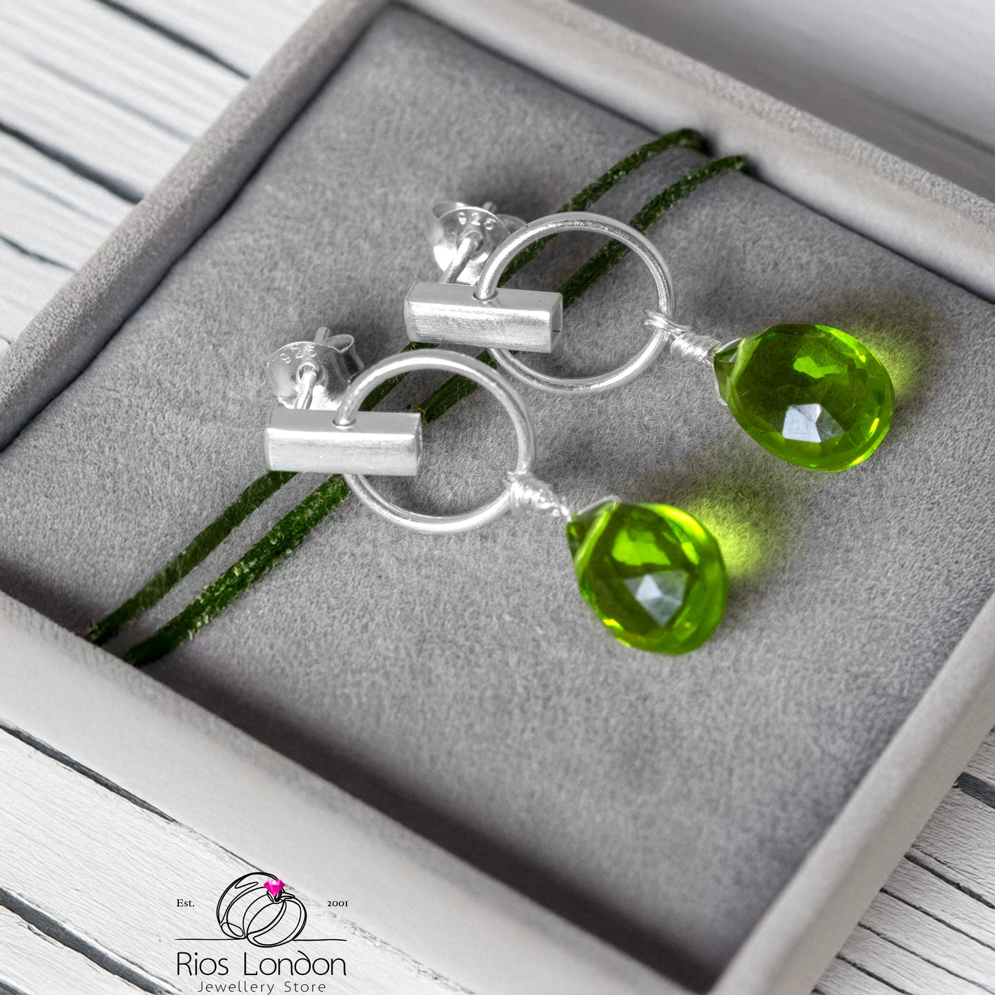 925 Silver Mini Hoop Peridot Earrings Olive Green Teardrop, Hypoallergenic Boxed