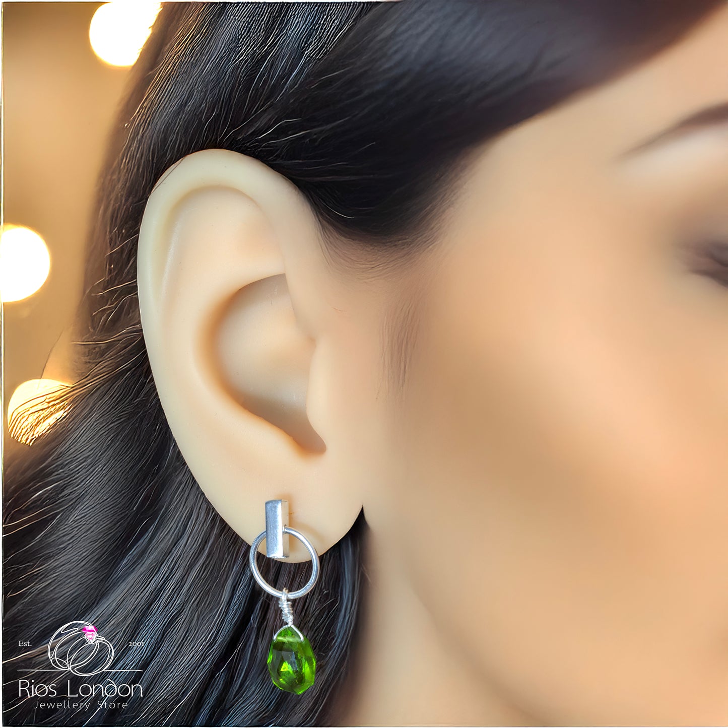 925 Silver Mini Hoop Peridot Earrings Olive Green Teardrop, Hypoallergenic Boxed