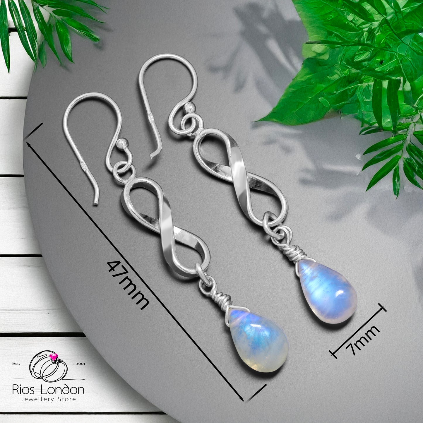925 Sterling Silver Natural Moonstone Infinity Dangle Earrings Love Design, Gift
