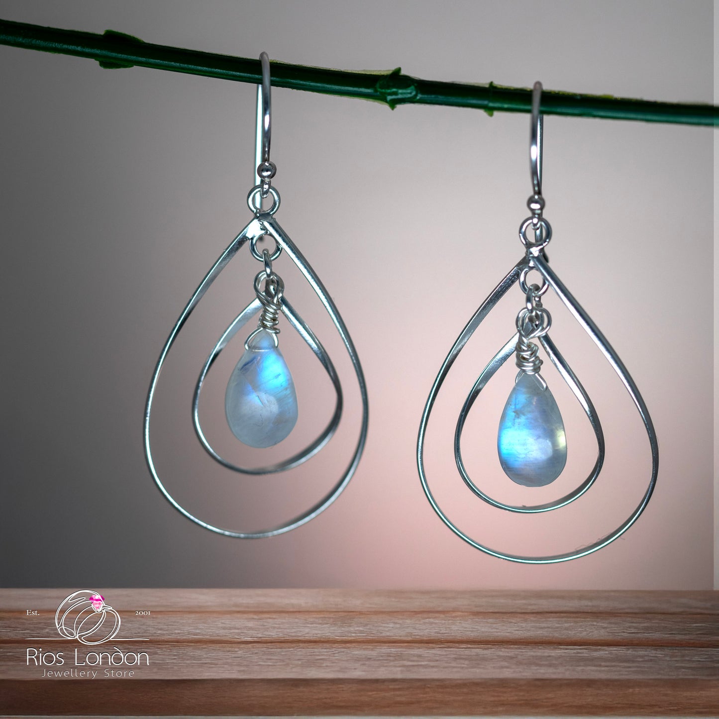 925 Sterling Silver Double Hoop Dangle Moonstone Earrings โ Teardrop, Gift Boxed