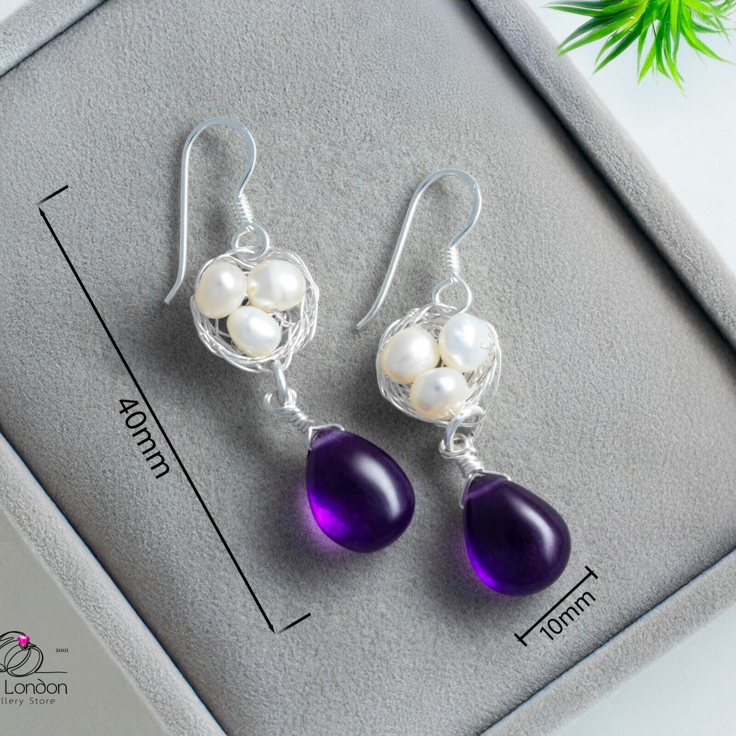 Sterling Silver Birds Nest Dangle Earrings with Natural Amethyst & Pearls, Boxed