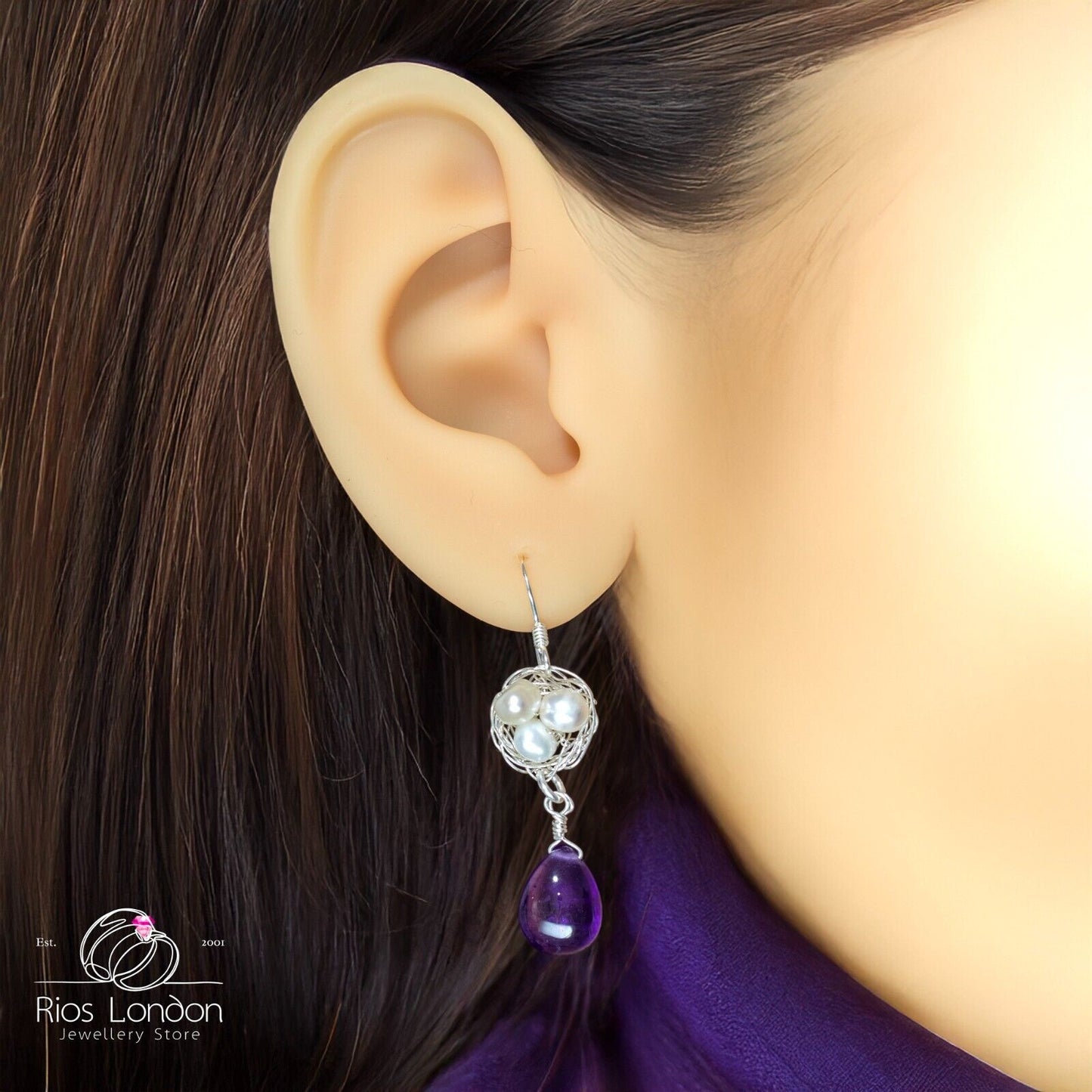 Sterling Silver Birds Nest Dangle Earrings with Natural Amethyst & Pearls, Boxed