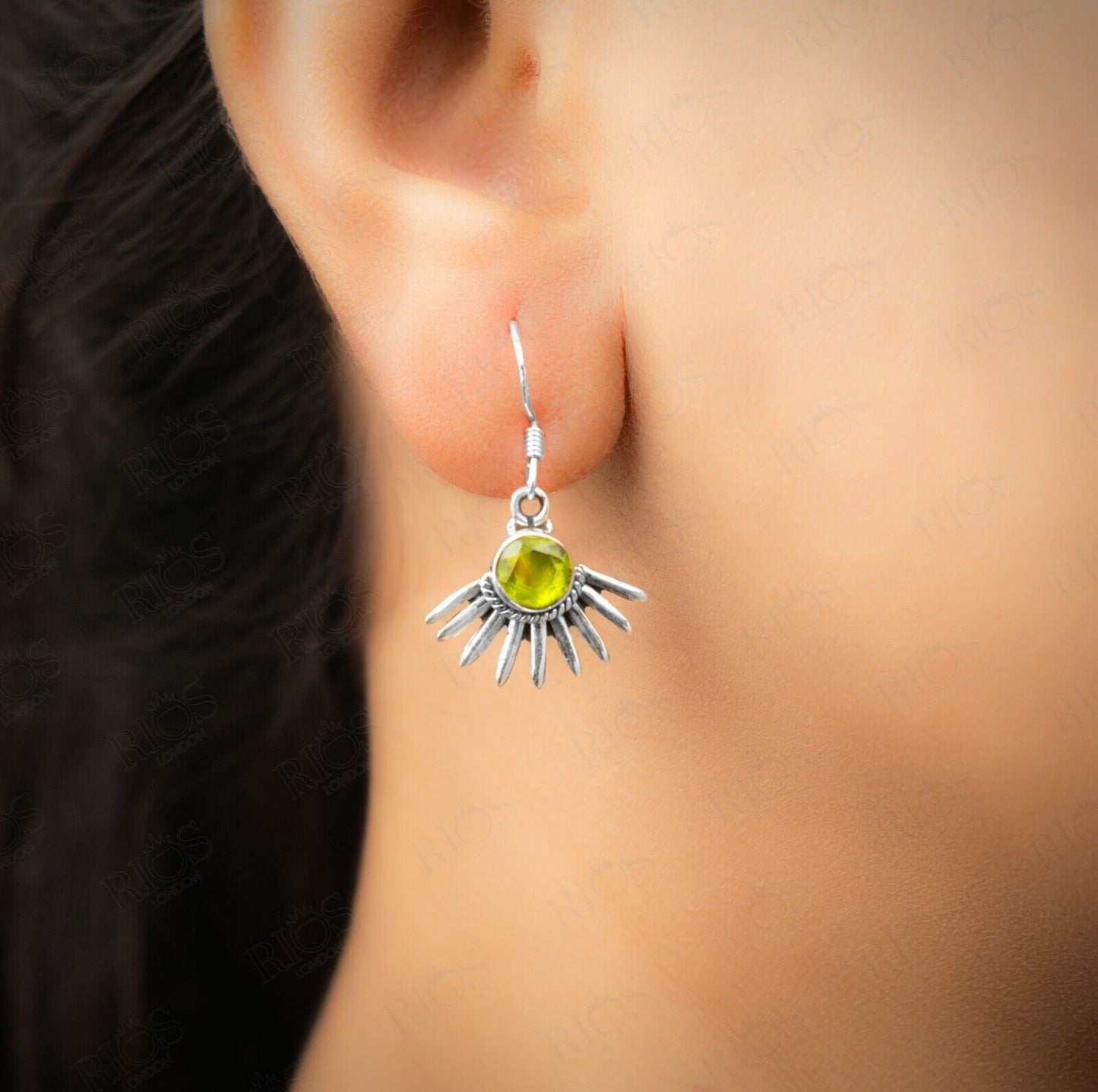 925 Sterling Silver Natural Peridot Olive Green Gothic Spiky Earrings Gift Boxed