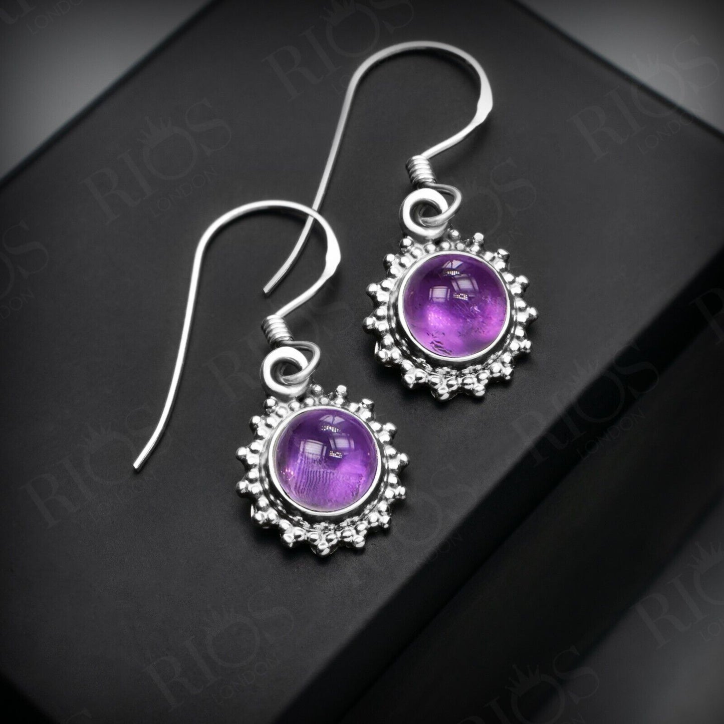 925 Sterling Silver Natural Amethyst Earrings Drop Dangle Ear Hook Gift Boxed