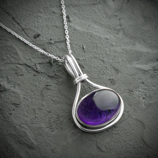 Handmade 925 Sterling Silver Amethyst Necklace with Oval Purple Pendant Boxed