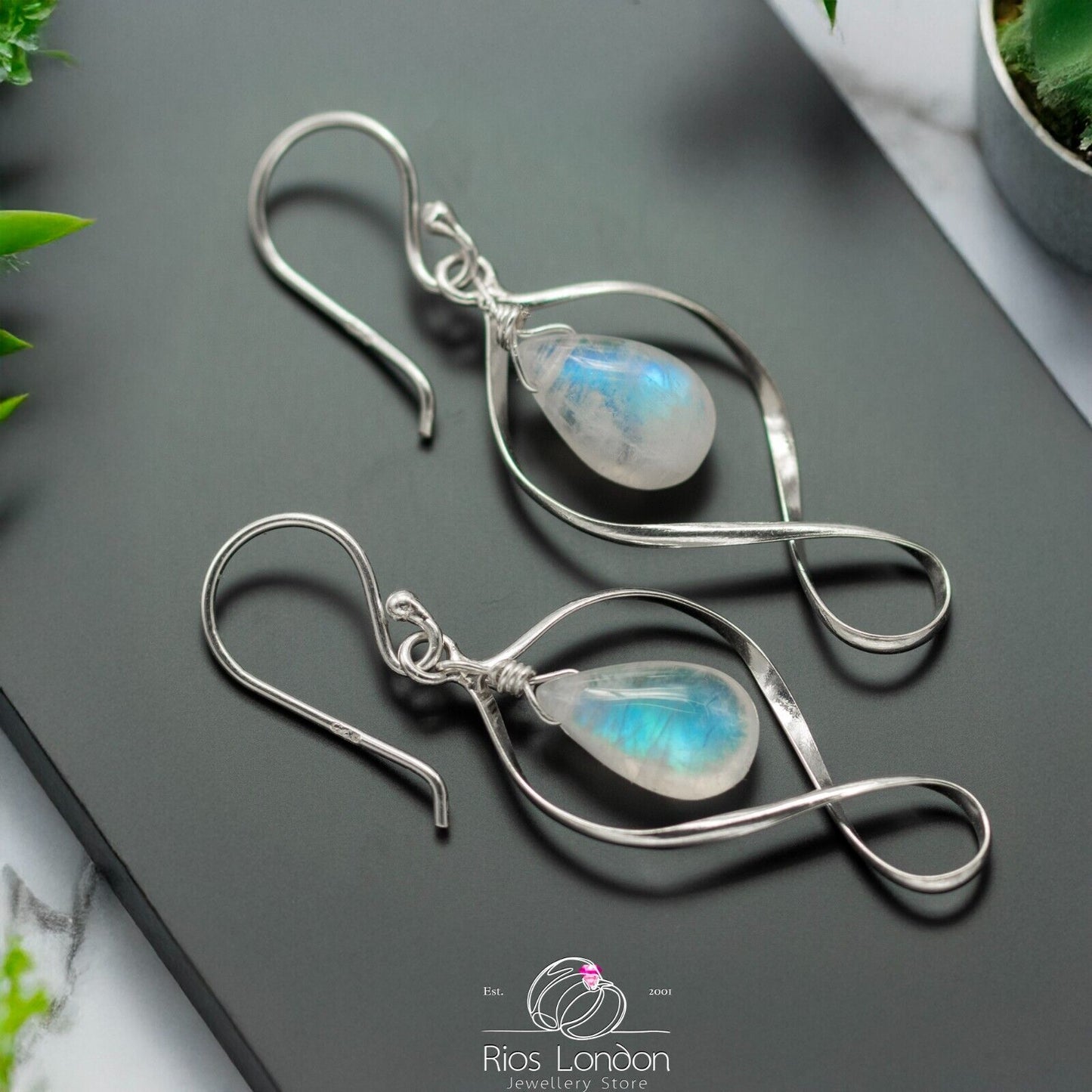 925 Sterling Silver Natural Moonstone Infinity Dangle Hoop Earrings, Gift Boxed