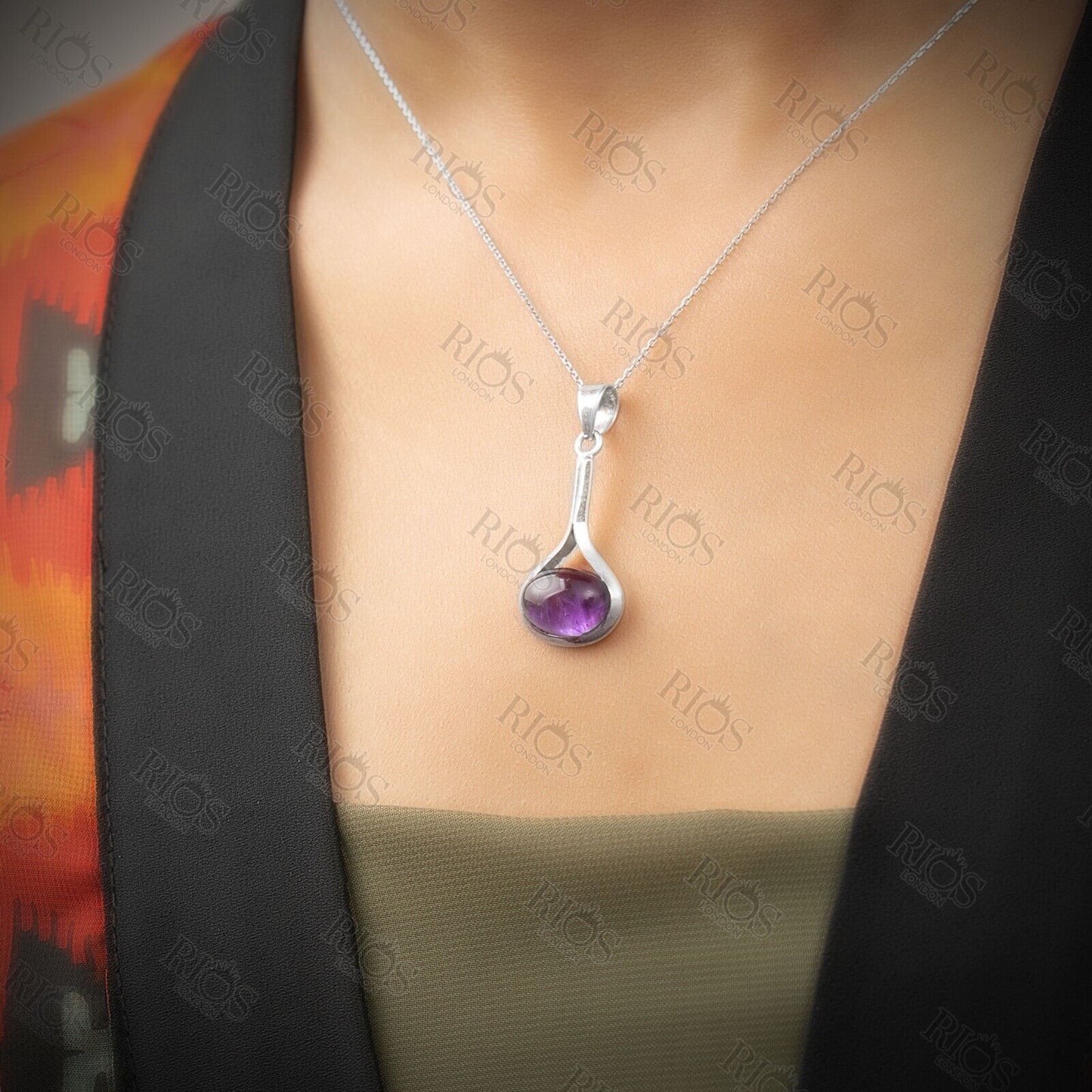 925 Sterling Silver Amethyst Necklace - Oval Purple Gemstone Pendant Gift Boxed