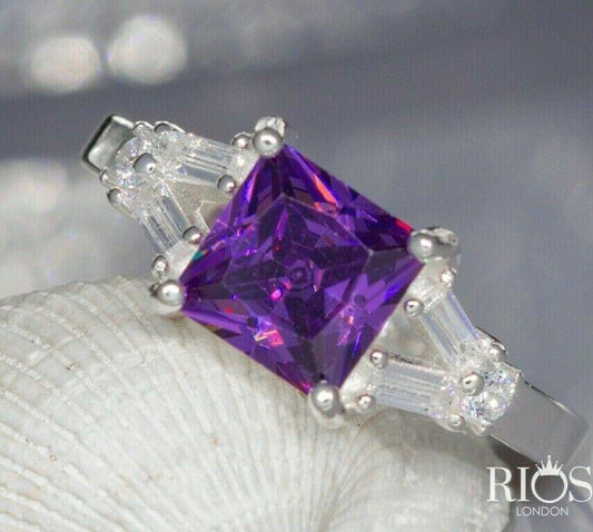 Amethyst 925 Sterling Silver Zircon Square Lab Created Gemstone Ring Gift Boxed - Rios London