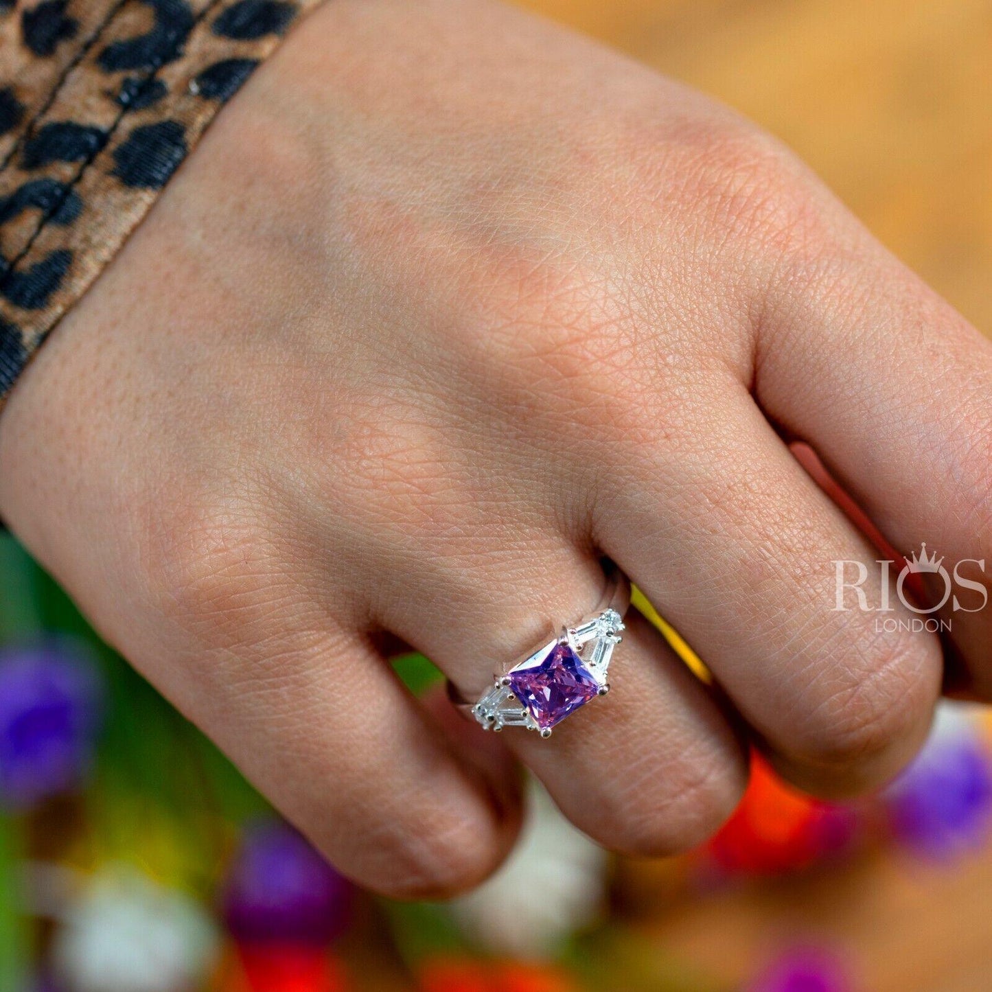 Amethyst 925 Sterling Silver Zircon Square Lab Created Gemstone Ring Gift Boxed - Rios London