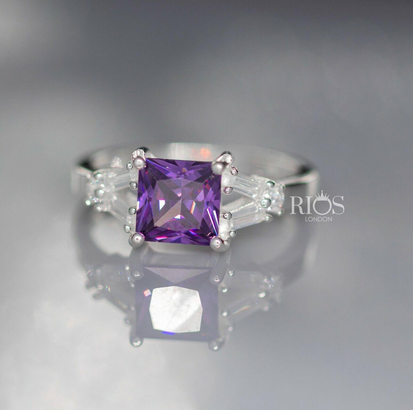 Amethyst 925 Sterling Silver Zircon Square Lab Created Gemstone Ring Gift Boxed - Rios London