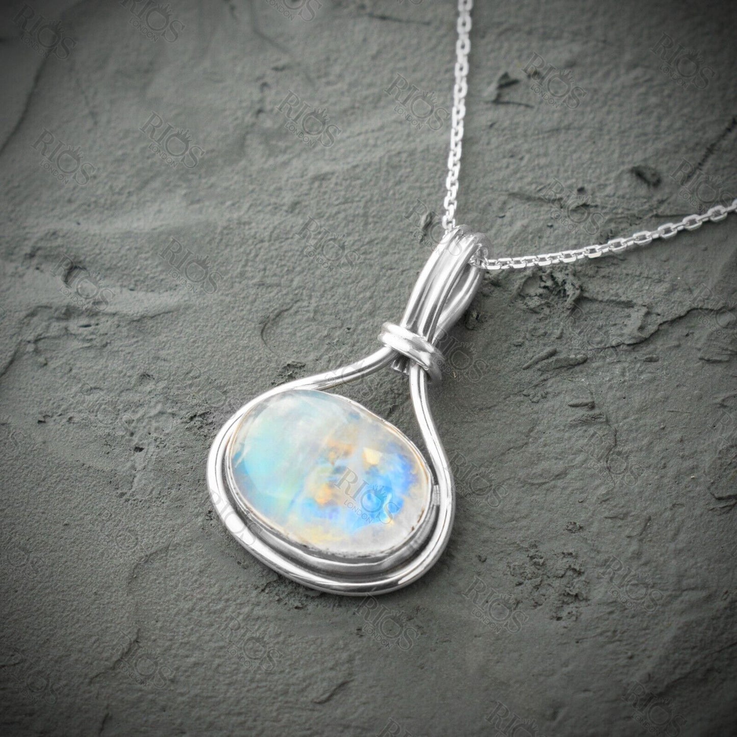 925 Sterling Silver Moonstone Necklace Blue Gemstone Pendant Handmade Gift Boxed
