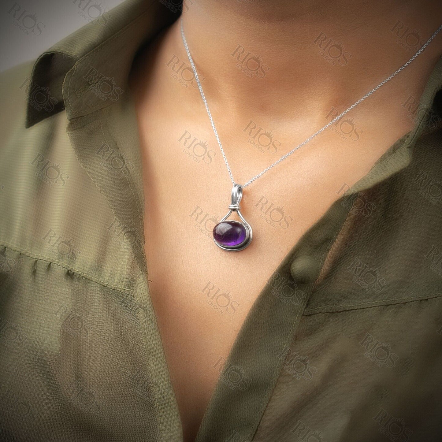 Handmade 925 Sterling Silver Amethyst Necklace with Oval Purple Pendant Boxed