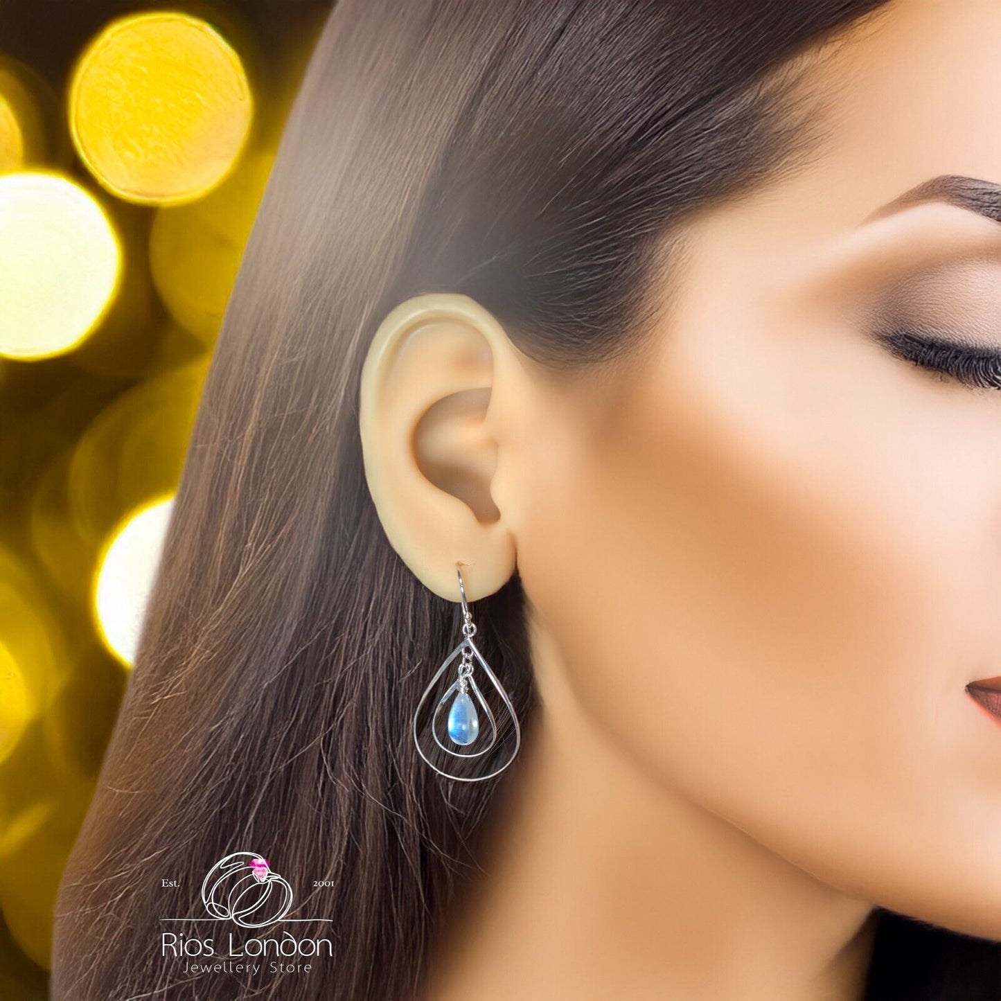 925 Sterling Silver Double Hoop Dangle Moonstone Earrings โ Teardrop, Gift Boxed