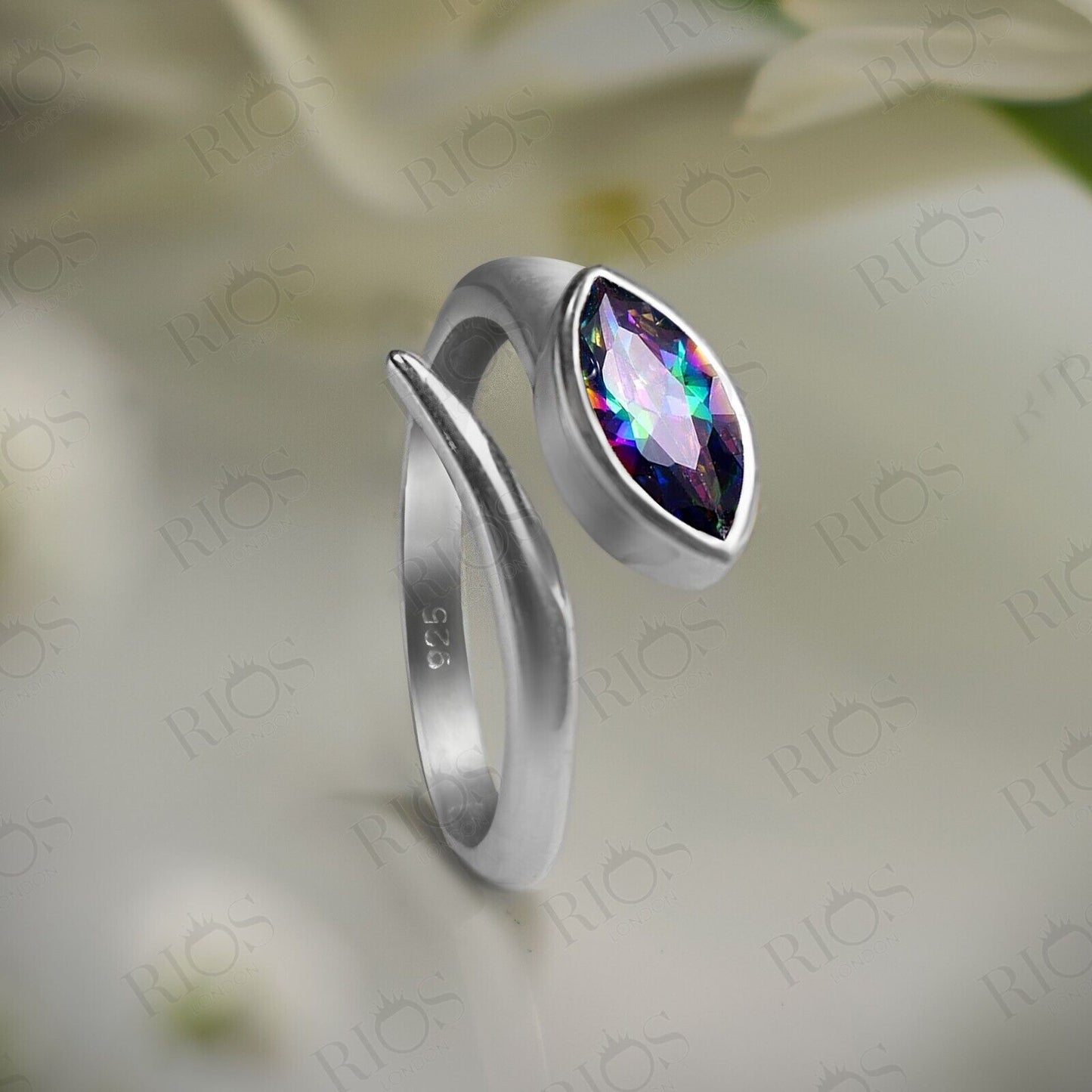 925 Sterling Silver Mystic Fire Topaz Gemstone Snake Adjustable Ring Gift in Box