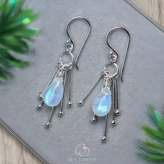925 Sterling Silver Natural Moonstone Doll Teardrop Dangle Earrings - Gift Boxed