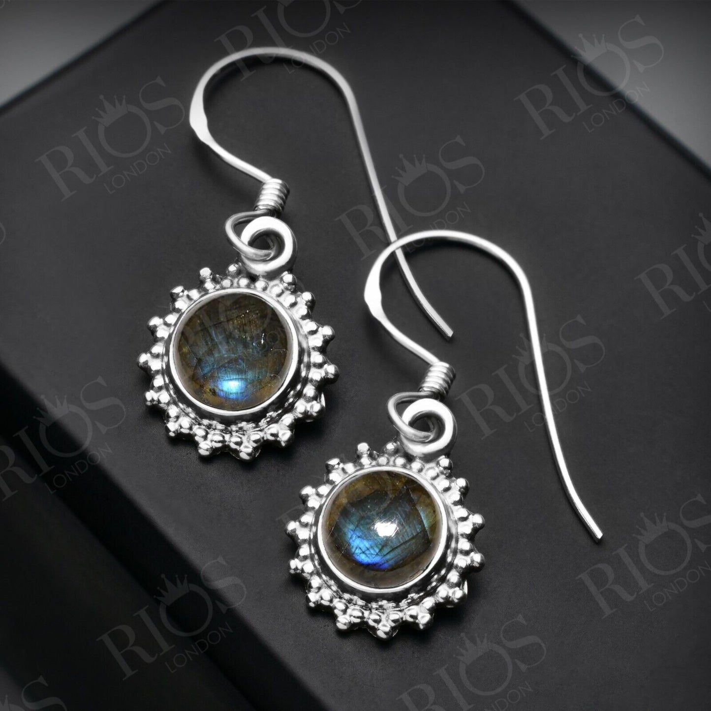 925 Sterling Silver Natural Labradorite Earrings Drop Dangle Ear Hook Gift Boxed