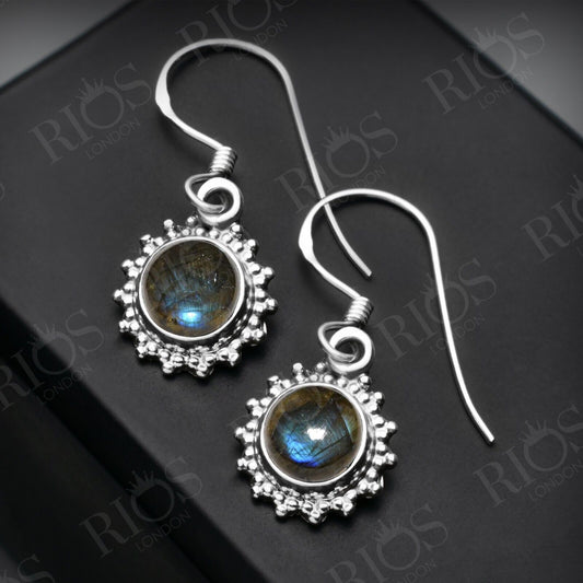 925 Sterling Silver Natural Labradorite Earrings Drop Dangle Ear Hook Gift Boxed