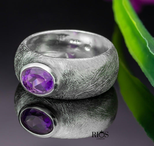 Brushed 925 Sterling Silver Elegant Oval Amethyst Gemstone Ring Gift Boxed - Rios London
