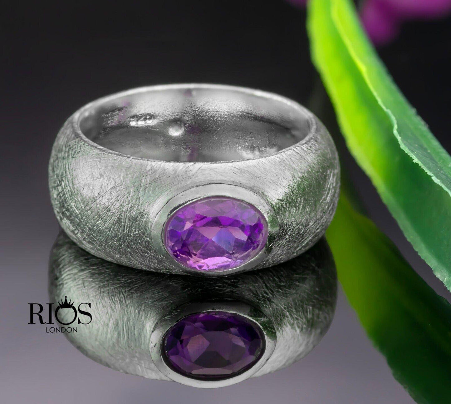 Brushed 925 Sterling Silver Elegant Oval Amethyst Gemstone Ring Gift Boxed - Rios London