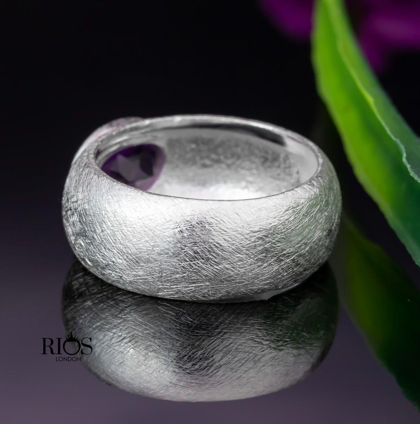 Brushed 925 Sterling Silver Elegant Oval Amethyst Gemstone Ring Gift Boxed - Rios London