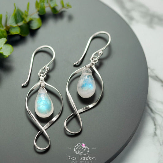 925 Sterling Silver Natural Moonstone Infinity Dangle Hoop Earrings, Gift Boxed