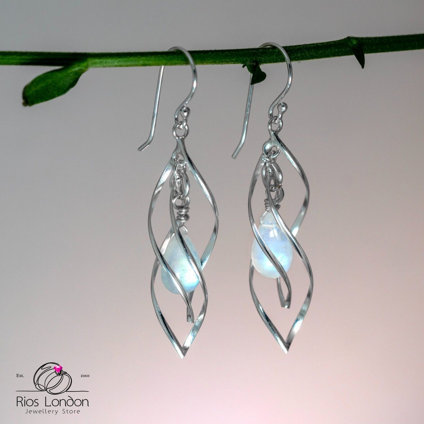 Sterling Silver Natural Moonstone Dangle Twisted Spiral Cage Earrings Boxed