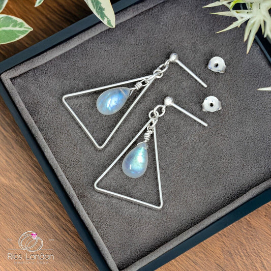 925 Sterling Silver Triangle Moonstone Teardrop Dangle Earrings - Gift Boxed