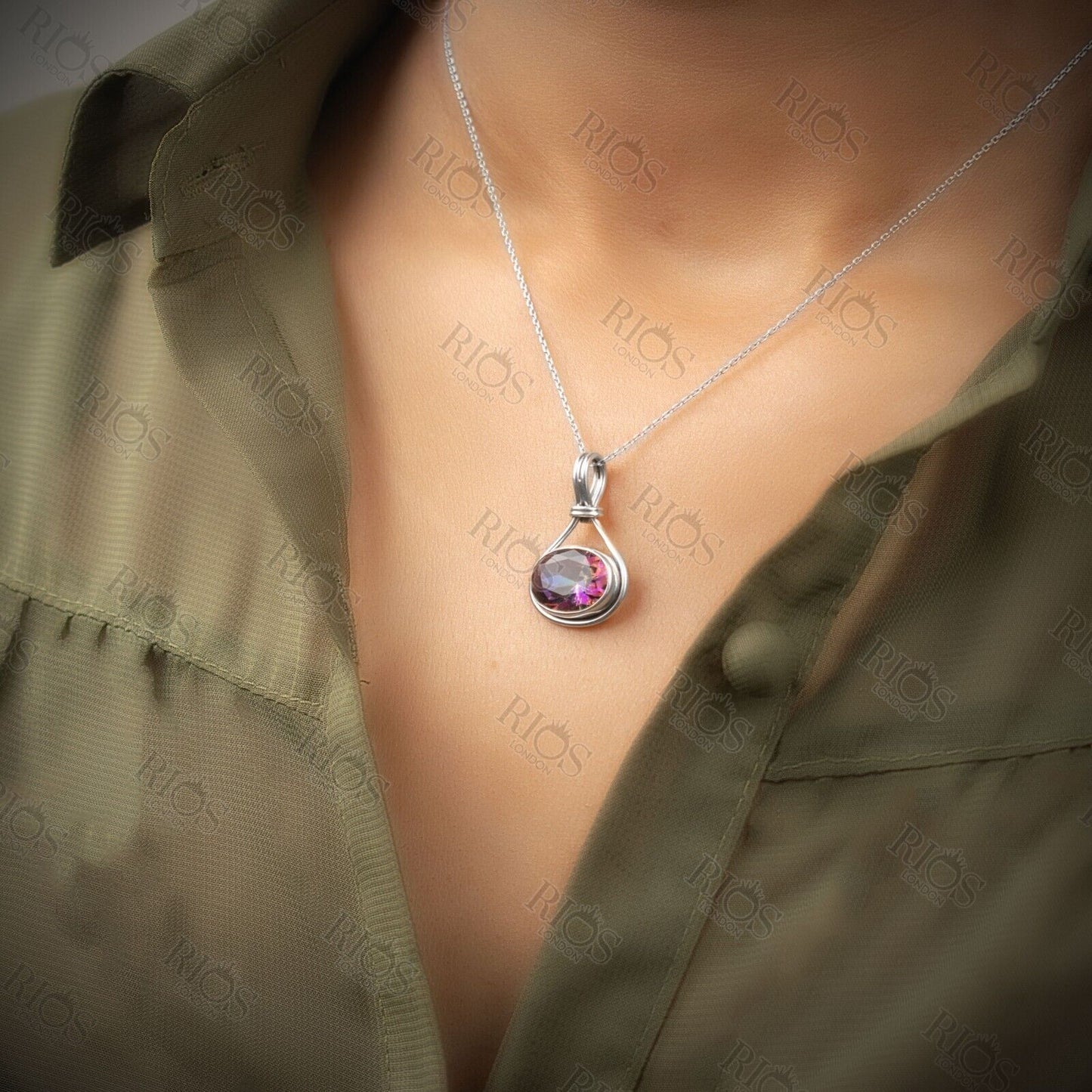 Handmade 925 Sterling Silver Mystic Fire Topaz Necklace with Oval Pendant Boxed