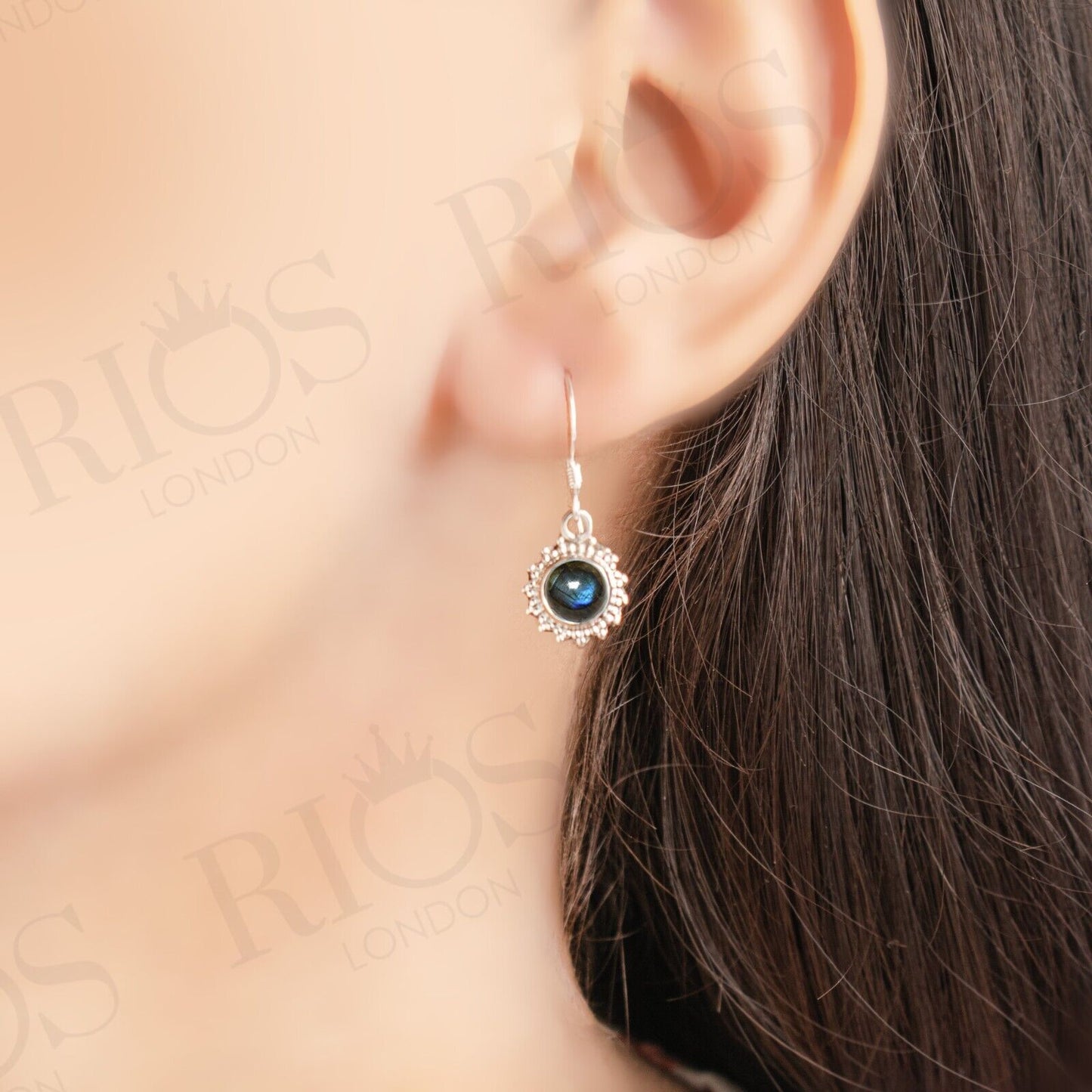 925 Sterling Silver Natural Labradorite Earrings Drop Dangle Ear Hook Gift Boxed