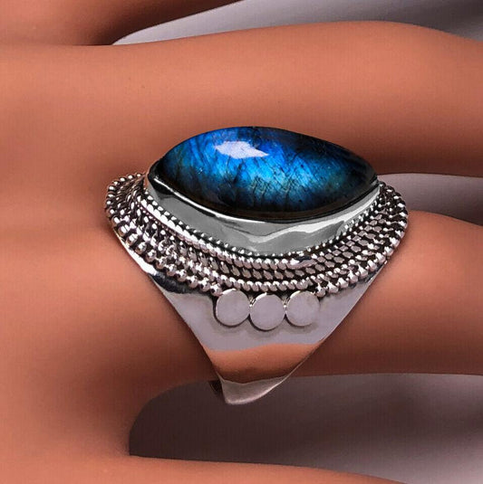 Chunky Marquise LABRADORITE 925 Sterling Silver Gemstone Ring RRP £41 Gift Box - Rios London