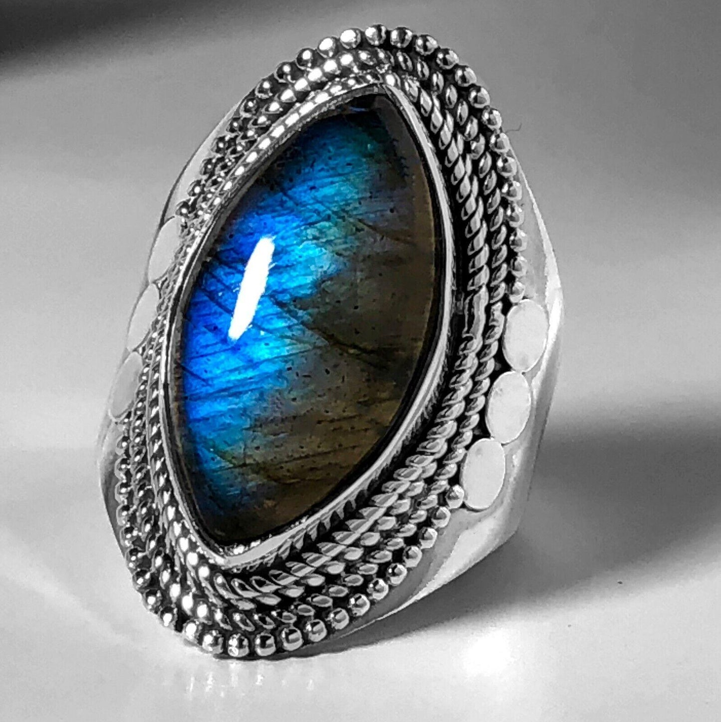 Chunky Marquise LABRADORITE 925 Sterling Silver Gemstone Ring RRP £41 Gift Box - Rios London